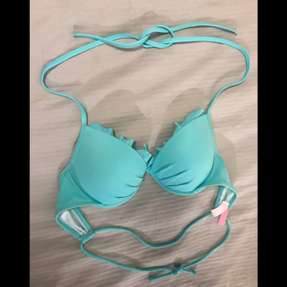 Victoria Secret 32B aqua green bikini top w lace along top of cups & unique tie